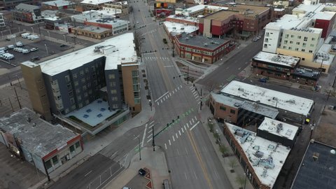 Deserted Abandoned Streets of Downtown Denver, Colorado USA, Drone Aerial View. Apocalyptic Pandemic Concept