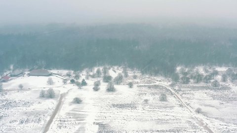 Aerial: Ice covered De Hoge Veluwe National Park forest in snow fall, panning shot