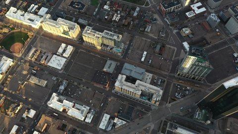 Aerial View of Empty Parking Lots and Buildings in Downtown Denver, Colorado USA Birdseye Drone Shot