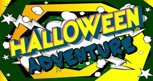 4k animated Halloween Adventure text with changing colors on comic book background. Retro pop art comic style social media post, motion poster.