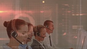 Animation of financial data processing over business people working in office. global business, connections, digital interface and technology concept digitally generated video.