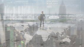 Animation of statistics and data processing over man carrying surfboard by seaside. sports, fitness and connections concept digitally generated video. - Powered by Shutterstock - Get 15% off with code: PIKWIZARD15