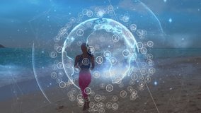 Animation of globe of networks of connections over woman running by seaside. sports, fitness and connections concept digitally generated video.