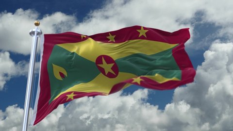 4k looping flag of Grenada with flagpole waving in wind,timelapse rolling clouds background.A fully digital rendering. 