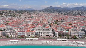 Nice: Aerial view of city in France, beach and blue waters of Mediterranean Sea - landscape panorama of Europe from above