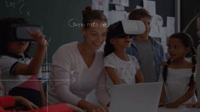 Animation of mathematical equations over school children using vr headsets. global education, communication and data processing concept digitally generated video. - Powered by Shutterstock - Get 15% off with code: PIKWIZARD15
