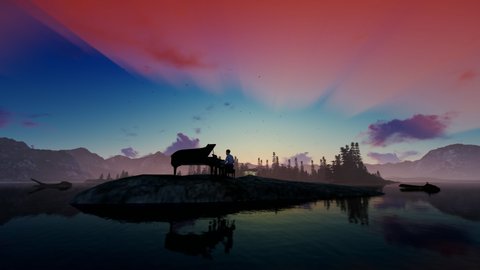 Piano performing on a isolated island surrounded by water and mountains against beautiful sunrise, 4K