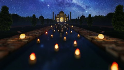 Candels Floating In Front Of Taj Mahal Against Starry Sky