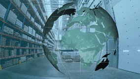 Animation of globe spinning over warehouse. global shipping, delivery, business, data processing and technology concept digitally generated video.