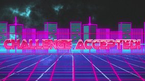 Animation of pink text challenge accepted, over blue grid with pink and blue cityscape on black. communication, digital interface and retro video game concept, digitally generated video. - Powered by Shutterstock - Get 15% off with code: PIKWIZARD15
