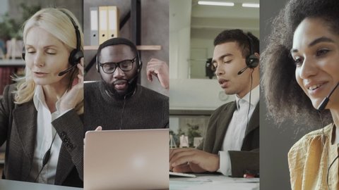 Call Center Support staff Collage. Workers with headsets in the process of customer service online