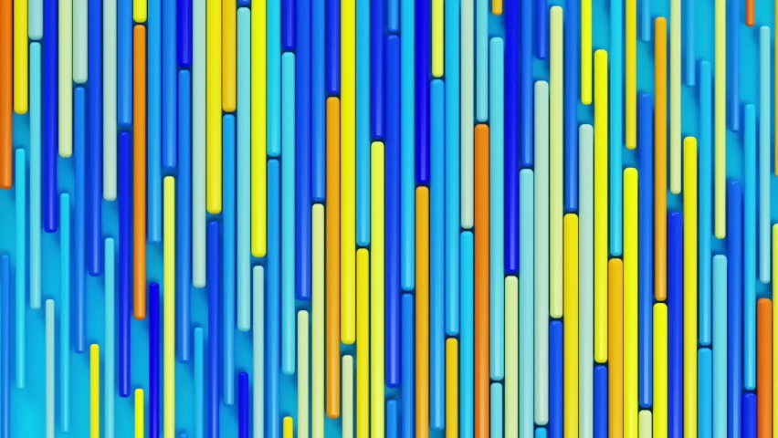 Moving yellow lines on blue background, trendy minimal 3d looping animation, creative geometric pattern with rectangle blocks, surreal bright colorful modern seamless backdrop.