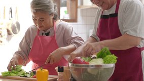 Happy Asian elderly family eating at home. Smiling senior couple enjoy cooking together in the kitchen. Retirement family husband and wife having fun leisure activity lifestyle at home with happiness - Powered by Shutterstock - Get 15% off with code: PIKWIZARD15