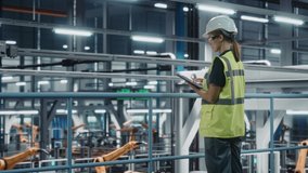 Female Car Factory Engineer in High Visibility Vest Using Tablet Computer. Automotive Industrial Manufacturing Facility Working on Vehicle Production with Robotic Technology. Automated Assembly Plant. - Powered by Shutterstock - Get 15% off with code: PIKWIZARD15