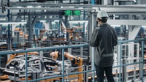 Multiethnic Car Factory Engineer in Work Uniform Using Tablet Computer. Automotive Industrial Manufacturing Facility Working on Vehicle Production with Robotic Arms. Automated Assembly Plant. - Powered by Shutterstock - Get 15% off with code: PIKWIZARD15