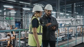 Male Specialist and Female Car Factory Engineer in High Visibility Vests Using Tablet Computer. Automotive Industrial Manufacturing Facility Working on Vehicle Production. Diversity on Assembly Plant. - Powered by Shutterstock - Get 15% off with code: PIKWIZARD15