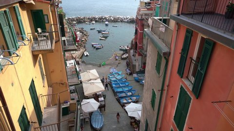 Riomaggiore, Italy - June 11. 2021: View of port in Cinque Terre. Riomaggiore aerial view