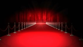 Animation of gold confetti falling over red carpet venue, with paparazzi flashbulbs. entertainment, awards ceremony, event and celebration concept digitally generated video.