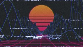Animation of lines of distortion, over moving pink grid with orange sun and black landscape. video game, entertainment and digital interface concept digitally generated video.