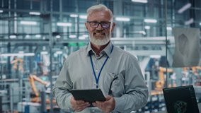 Car Factory Office: Portrait of Senior White Male Chief Engineer Using Tablet Computer in Automated Robot Arm Assembly Line Manufacturing High-Tech Electric Vehicles. Looking at Camera and Smiling - Powered by Shutterstock - Get 15% off with code: PIKWIZARD15
