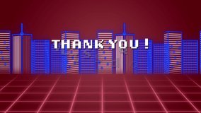 Animation of white pixel text thank you, over red and blue grid and cityscape. video game, entertainment and digital interface concept digitally generated video. - Powered by Shutterstock - Get 15% off with code: PIKWIZARD15
