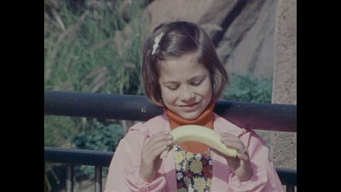 1970s: Girl eats banana. Zookeeper feeds tortoise banana. Children eat. Family eats.
