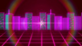 Animation of red text high score, over explosion and pink grid and cityscape. video game, entertainment and digital interface concept digitally generated video.