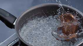 Top view of dried mushrooms falling into a pot of boiling water. Slow motion video in 4K. - Powered by Shutterstock - Get 15% off with code: PIKWIZARD15