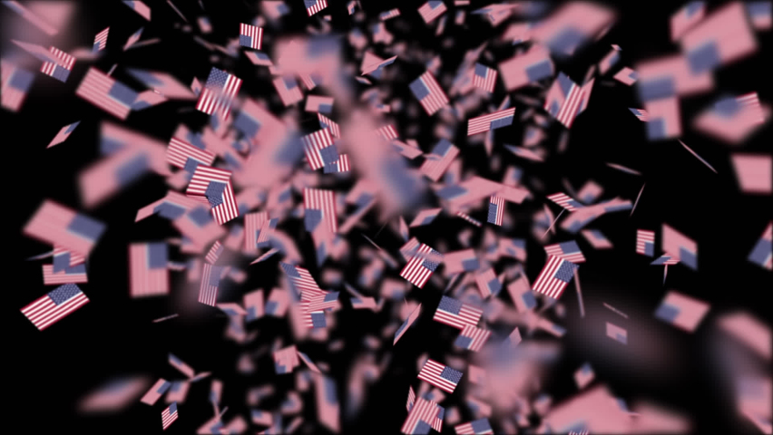 Animation of blue firework exploding over american flags falling, on dark background. patriotism, independence and celebration concept digitally generated video.