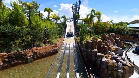Orlando, Florida, July 31, 2021. People enjoying water attraction Infinity Falls at Seaworld (18).