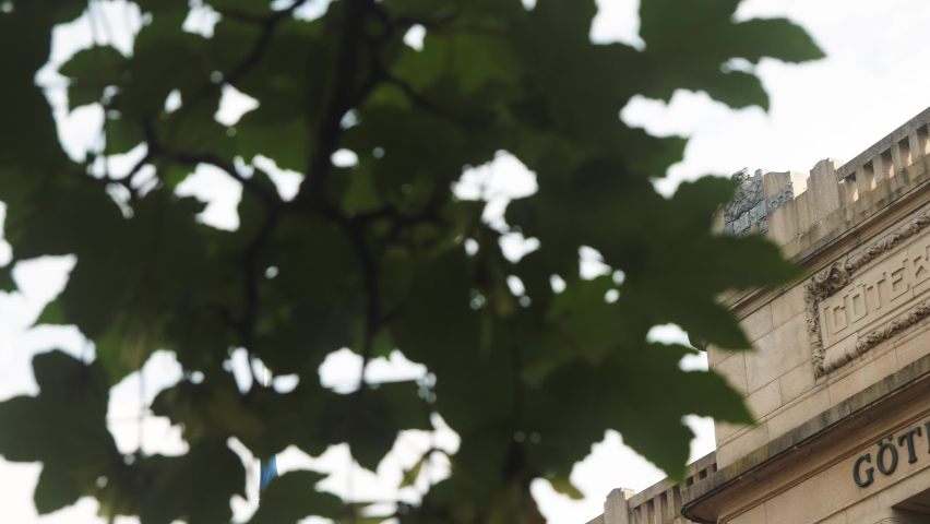 GOTHENBURG, SWEDEN - AUGUST 12, 2021: University of Gothenburg, Vasagatan. Lion statue guarding the entrance to the college. Old beautiful brick building with nice structure and details. 4K video. 