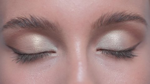 Beautiful woman with long eyelashes, beautiful make-up and thick eyebrows. Professional makeup and cosmetology skin care.
