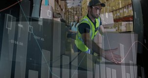 Animation of statistics and financial data processing over delivery man. global shipping, delivery, business, data processing and technology concept digitally generated video.