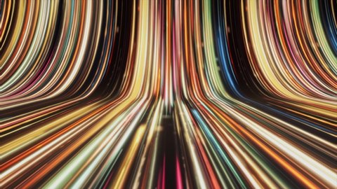 Abstract colorful flow of neon glowing lines forming a bending texture. Animation. Dynamically moving light stripes, seamless loop.