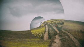 Abstract optical illusion with a natural flower field. countryside path and cloudy sky, seamless loop. Animation. Summer landscape rotating in a spiral.