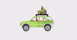 Family drives in the offroad car, holidays vacation theme, 2d animation cartoon footage