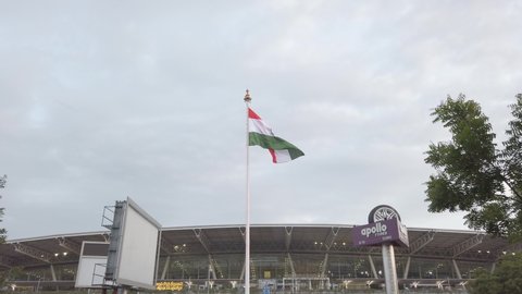 Chennai, India -August 14th 2021: Chennai International and Domestic Airport - Celebrating Independence Day and Indian Flag Waving on Sky. Chennai,Tamilnadu, India. 4K