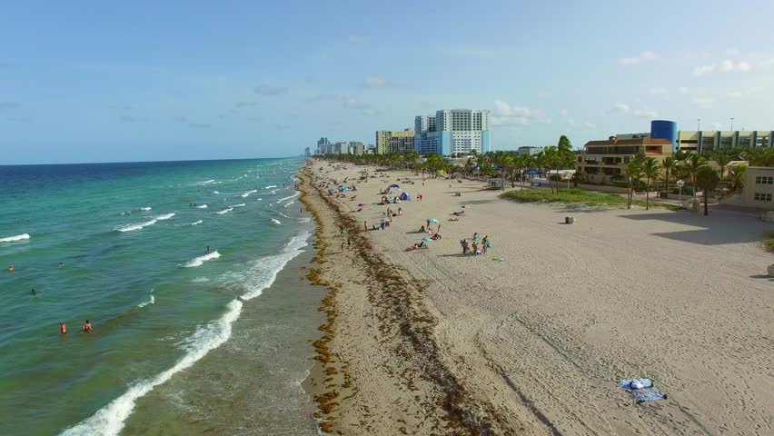 Aerial beach flyover Hollywood Beach FL