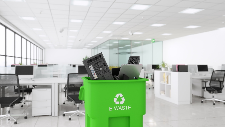 3d Rendering of Electronic Wastes Collected In The Green Colored Garbage Bin With E-waste Symbol On It In The Office Royalty-Free Stock Footage #1077525818