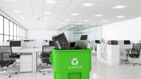 3d Rendering of Electronic Wastes Collected In The Green Colored Garbage Bin With E-waste Symbol On It In The Office