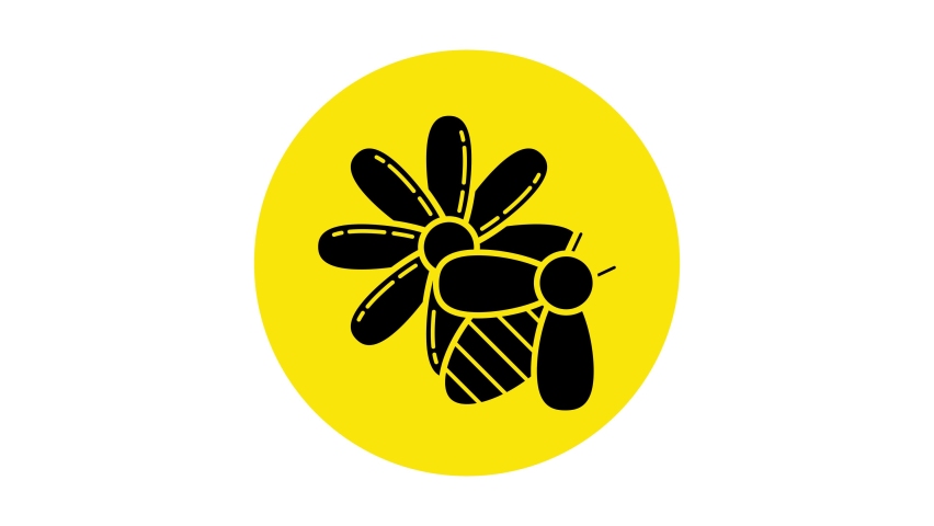 Black Bee and flower icon isolated on white background. Sweet natural food. Honeybee or apis with wings symbol. Flying insect. 4K Video motion graphic animation.