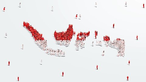 Indonesia Map and Flag. A large group of people in the Indonesian flag color form to create the map. 4K Animation Video.