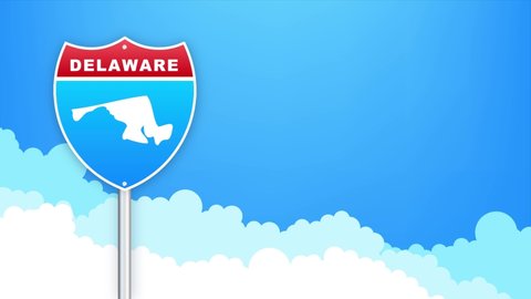 Delaware map on road sign. Welcome to State of Louisiana. Motion graphics.