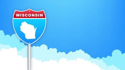 Wisconsin map on road sign. Welcome to State of Louisiana. Motion graphics.