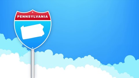 Pennsylvania map on road sign. Welcome to State of Louisiana. Motion graphics.