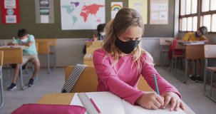 Animation of school items icons moving over schoolchildren wearing face masks. education, development and learning concept digitally generated video.