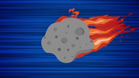 Flying asteroid on blue background. Looped animation of falling meteoroid. Moving meteorite on dynamic abstract background. Animated meteor in motion. Anime style drawing of fireball. Falling star.