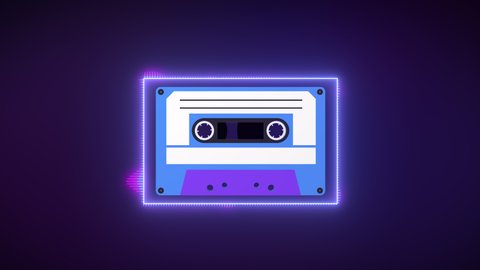 Audio waveform equalizer and cassette tape loop animation. sound levels abstract motion graphics. gradient spectrum retro bar graph. Glowing And Pulsing, 90s vintage tape disco music mix audiocassette