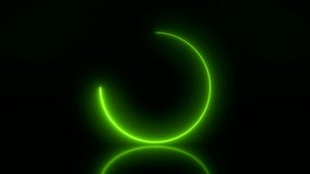 Video animation of a modern, glowing preloader and a circular bar for the loading progress in green on reflecting floor - abstract background - seamless loop