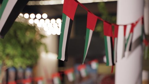 UAE flags fly and hang in the street